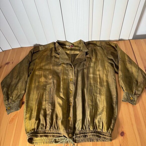 Vintage Sandwash Silk Bianca 100% Silk Green Oversized Jacket Swamp S - Picture 4 of 7